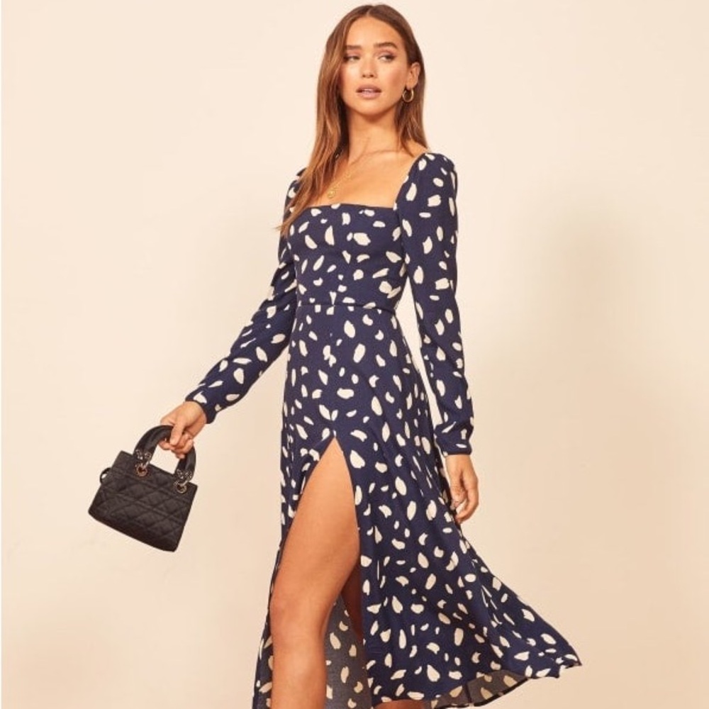 Reformation Sigmund Dress Navy Leaves Size 4 /SMALL – Long Sleeve Slit Midi